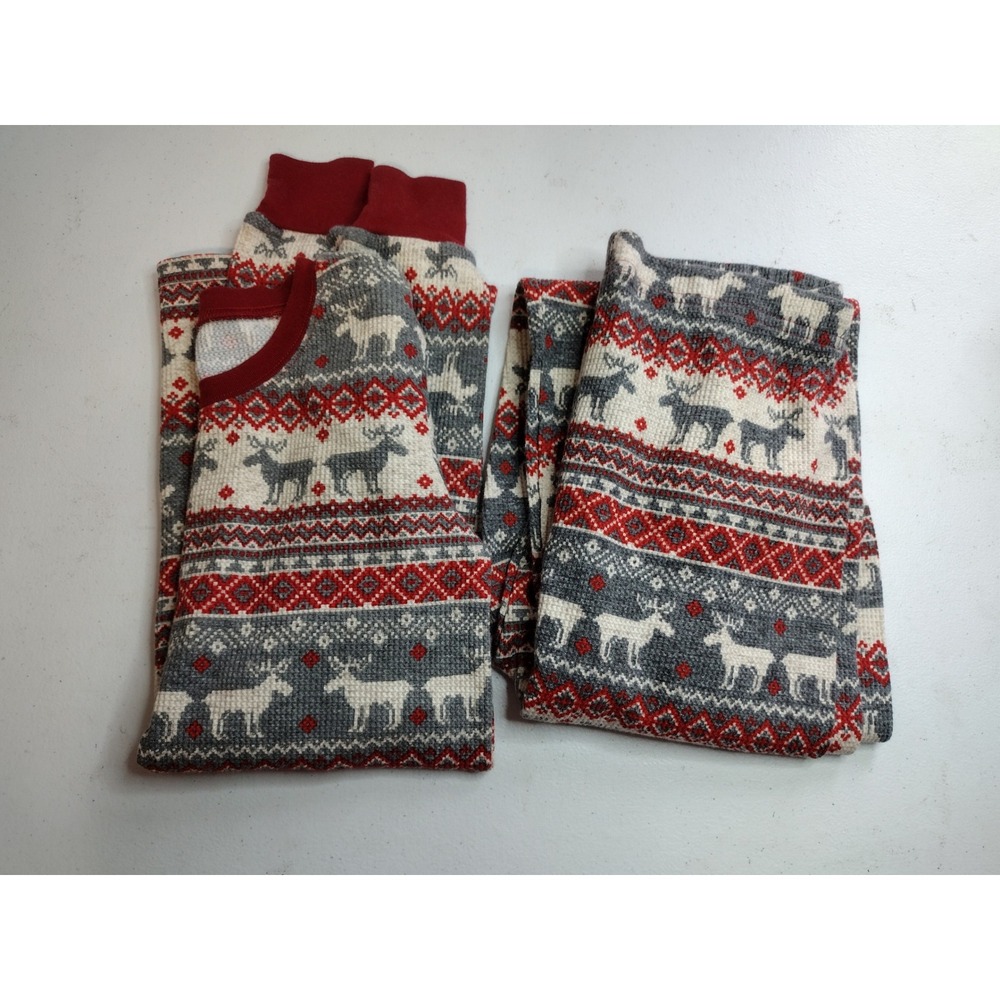 PJ Place Kids Size 16 Red Grey Fair‎ Isle Reindeer Waffle Knit Pajama Set PJs